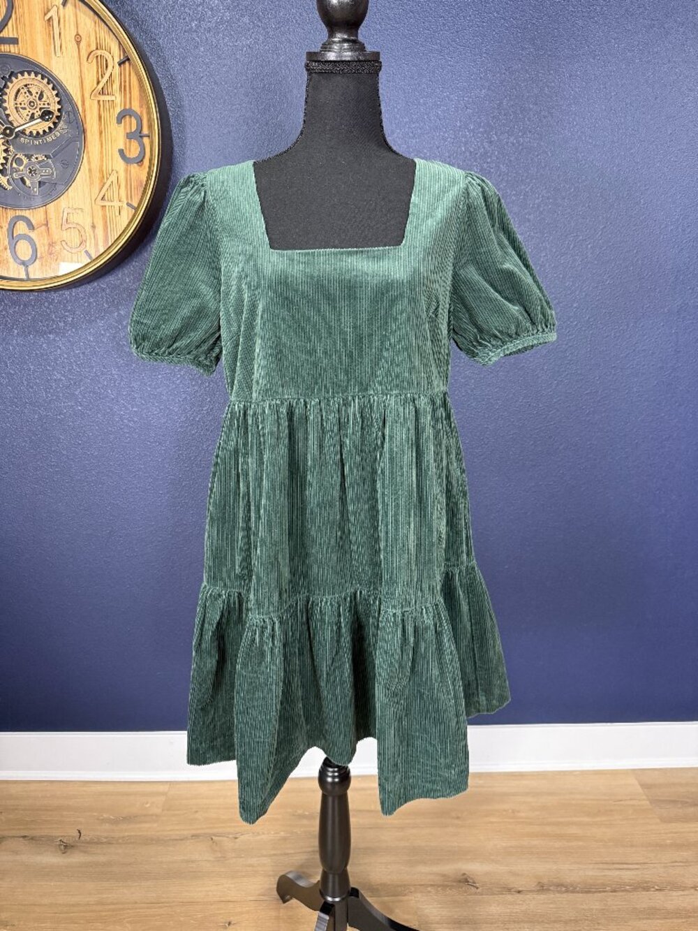 Madewell Green Corduroy Aidy Square-Neck Tiered Mini Dress | 4